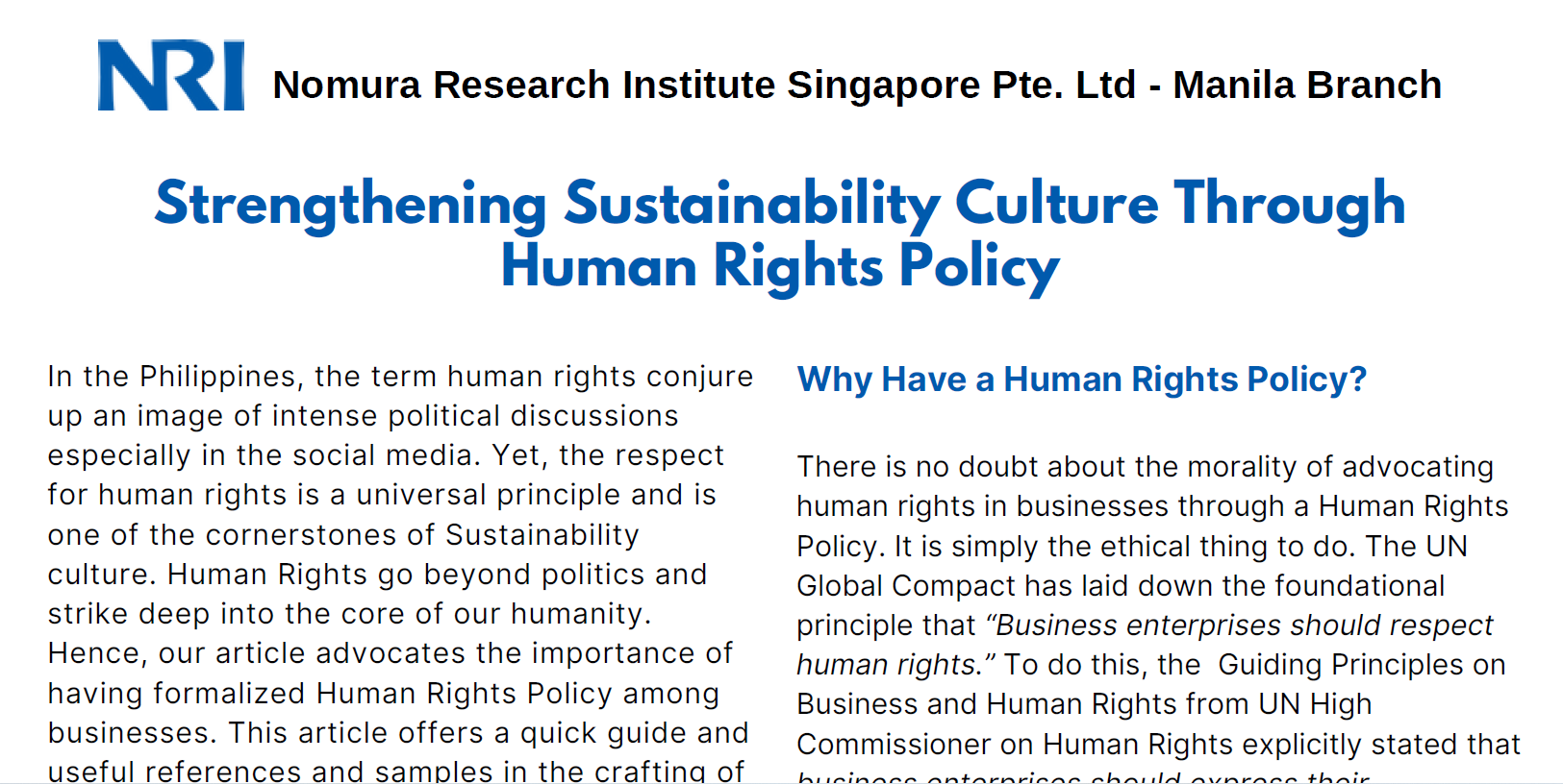 Strengthening Sustainability Culture Through Human Rights Policy - NRI ...